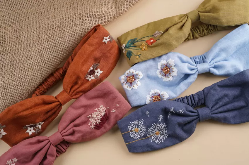 Linen Embroidered Headband, Unique Hair Accessory, Full Of Colors, Vintage Style, A Gift For Feminine Girls