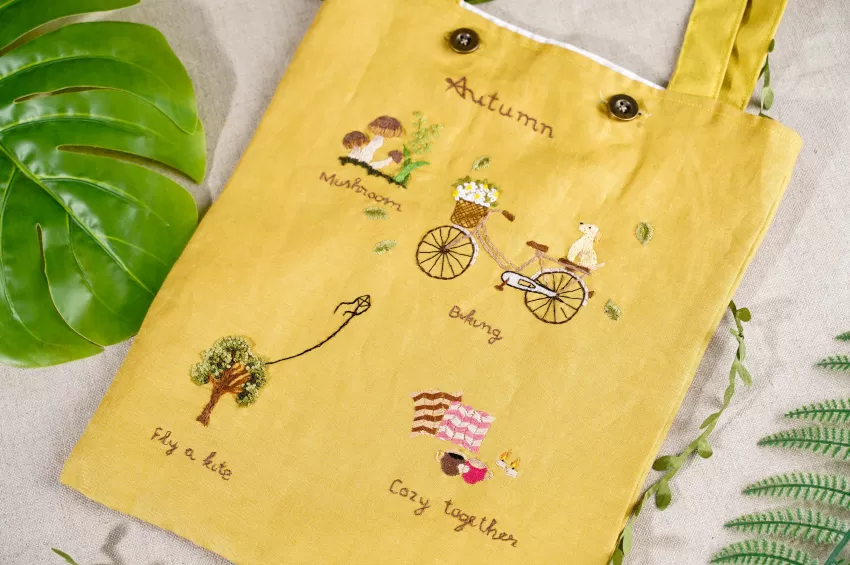 Túi Tote Thêu Tay Linen “Your Autumn” Màu Vàng Tươi Tắn, Chất Liệu Chắc Chắn, Đựng Đồ An Toàn, Chắc Chắn