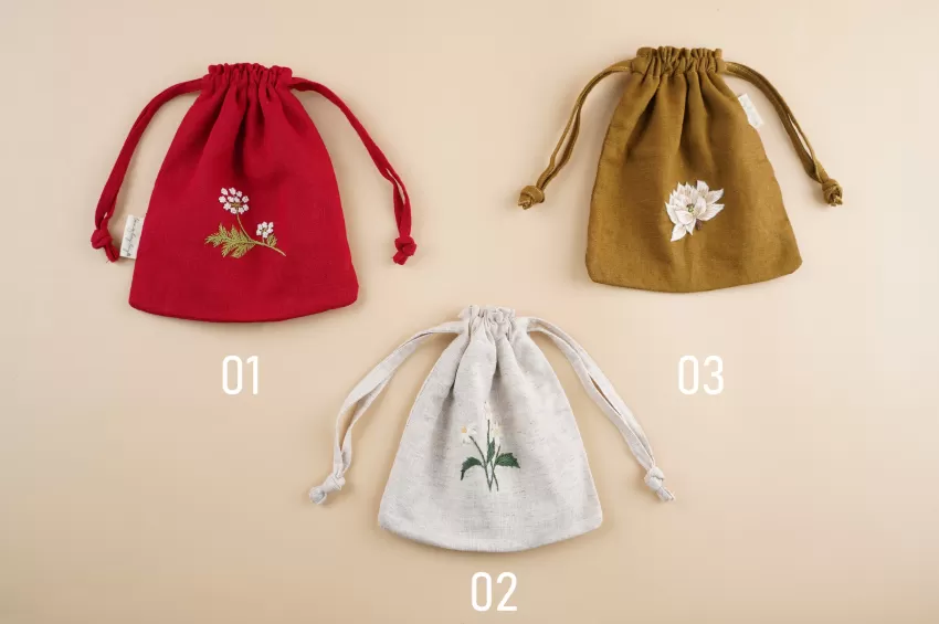 Linen Mini Drawstring Bag, Convenient and Compact Design, Soft and Smooth Linen Material, Meticulously Embroidered Pattern