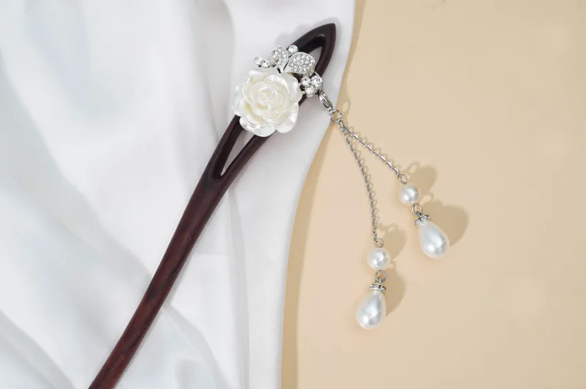 White Rose Drop Wooden Hair Stick, Elegant White Rose Patterns, Premium Wood Material, Regal and Classy Beauty