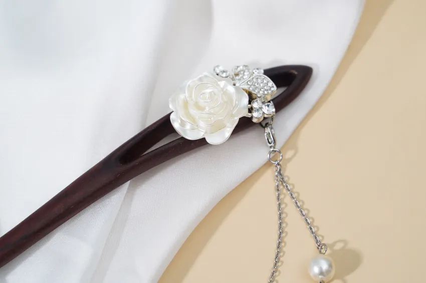 White Rose Drop Wooden Hair Stick, Elegant White Rose Patterns, Premium Wood Material, Regal and Classy Beauty