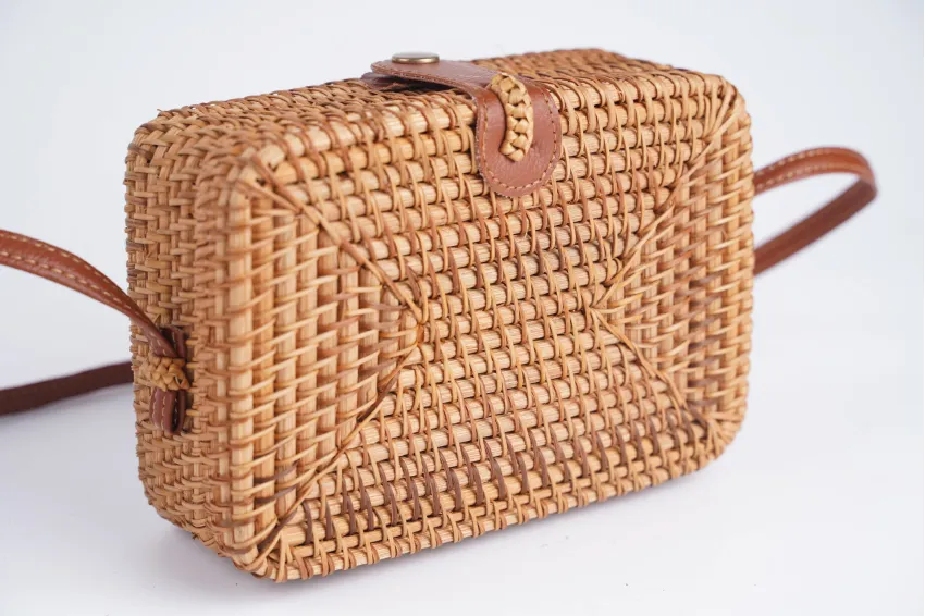 Basic Rectangular Rattan S. Bag, Rich Vietnamese Style, Leather Strap, Compact Design Yet Spacious Enough For Essentials