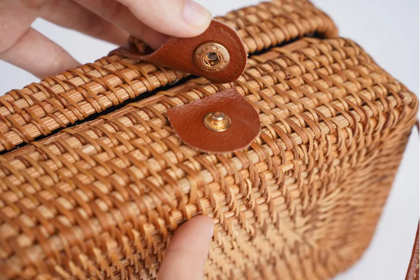 Basic Rectangular Rattan S. Bag, Rich Vietnamese Style, Leather Strap, Compact Design Yet Spacious Enough For Essentials