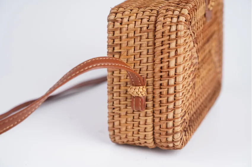 Basic Rectangular Rattan S. Bag, Rich Vietnamese Style, Leather Strap, Compact Design Yet Spacious Enough For Essentials