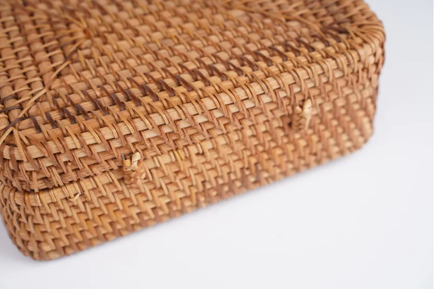 Basic Rectangular Rattan S. Bag, Rich Vietnamese Style, Leather Strap, Compact Design Yet Spacious Enough For Essentials