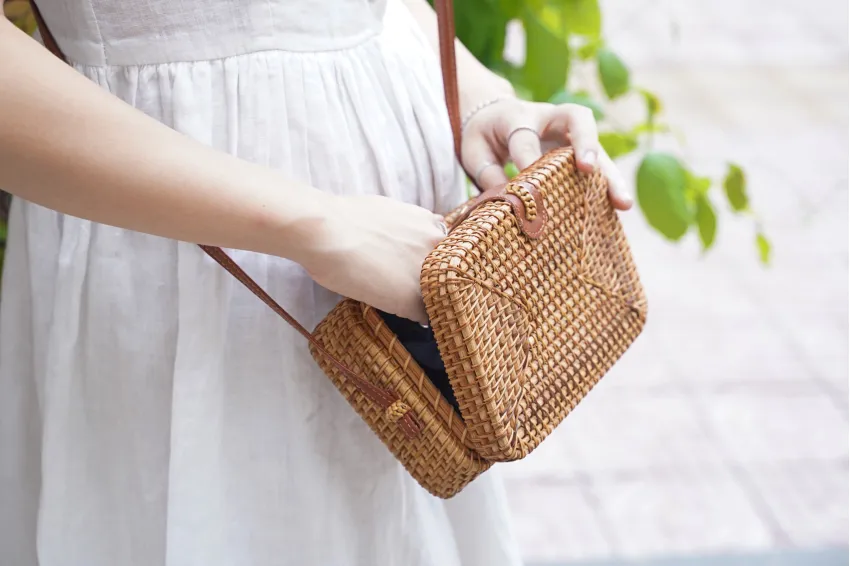 Basic Rectangular Rattan S. Bag, Rich Vietnamese Style, Leather Strap, Compact Design Yet Spacious Enough For Essentials