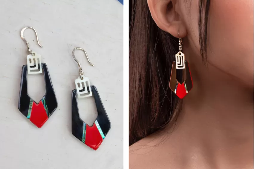 Endless Earrings, Made Of Horn And Abalone Shell, 100% Handmade, Dominant Red Tone, High-End Fashion Accessory