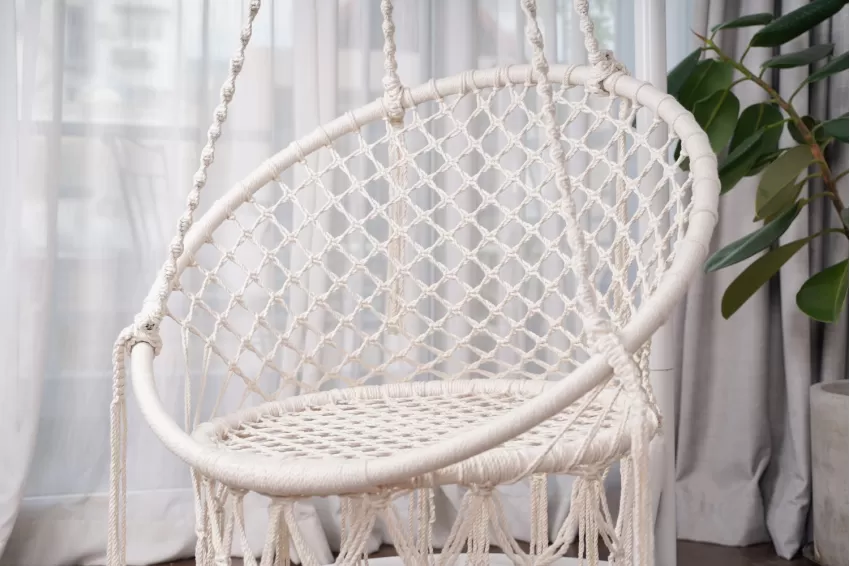 Macrame Striped Knitted Swinging Chair, Intricately Crafted and Detailed, High Durability, Suitable for Outdoor Use, Decorates Living Spaces