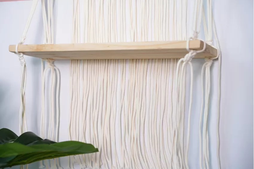 One-Tier Hanging Macrame Shelf, Natural Pine Wood, Premium Cotton Knot Pattern, Space-Saving, Charming Accent for Home