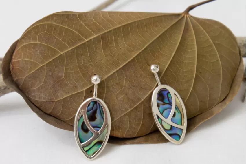 Abalone Shell Earrings, Leaves & Drop Of Heaven Collection, Hexagonal And Oval Design, Intriguing Accessories, Natural Colors