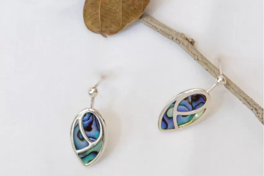 Abalone Shell Earrings, Leaves & Drop Of Heaven Collection, Hexagonal And Oval Design, Intriguing Accessories, Natural Colors