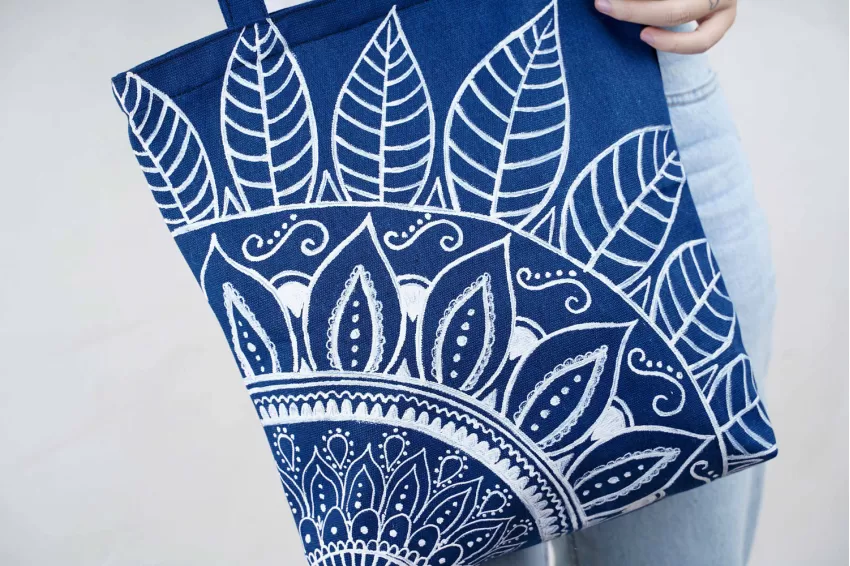 Hand-drawn Tote Bags, White Patterns, Blue Bags