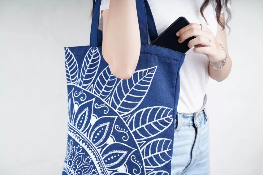 Hand-drawn Tote Bags, White Patterns, Blue Bags