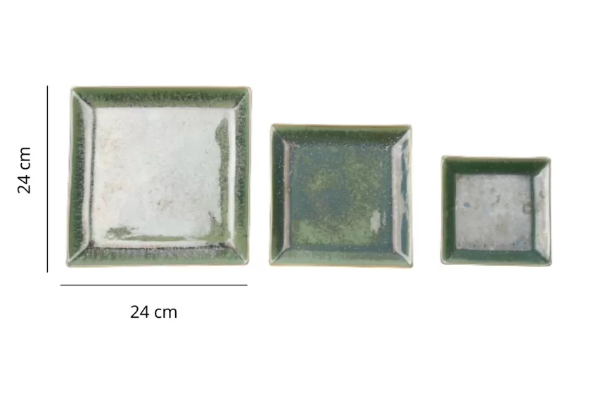 Set Of 3 Square Crystal Green Plates, Vietnamese Handcrafted Ceramic, Vietnamese Elements, Glossy Finish, Fire Glaze Ceramic, Luxurious Space