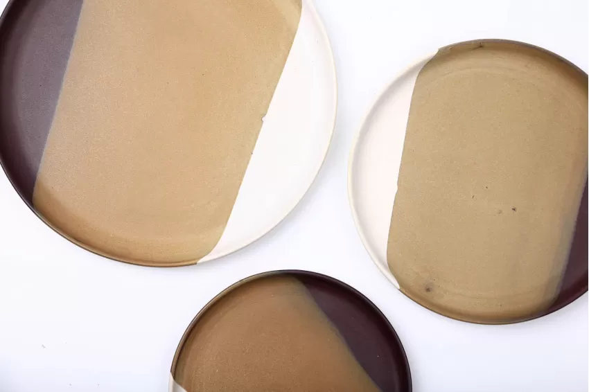 Set Of 3 Flat Round Plates  Coffee Brown Color, Vietnamese Elements, Glossy Finish, Vietnamese Handcrafted Ceramic, Elevating Space, Traditional Style