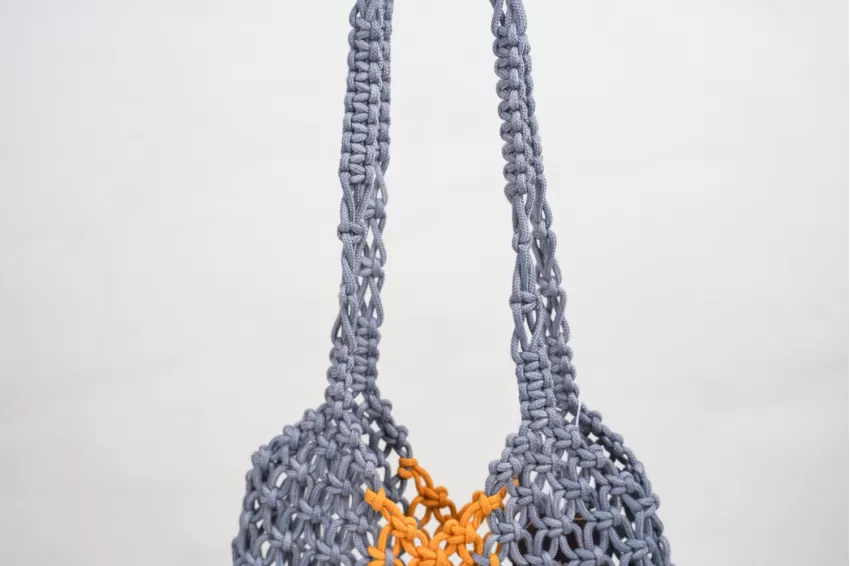 Grey-yellow Small Fishnet Macrame Bag