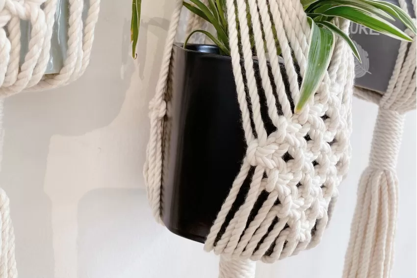 Macrame Plant Hanger, 3 Pots, Smart Design, Space-Saving, Decor for Green Spaces, Handmade Product, Sustainable Production