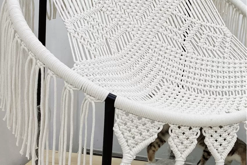 Papasan Hammock Macrame Chair, Stylish and Impressive Design, Intricately Handcrafted Woven Seat, Sturdy Powder-Coated Iron Frame