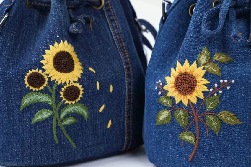 Sunflower Embroidered Bucket Bag From Old Jeans, Personality And Sweetness, Unique Drawstring, Lined With Leather, Exquisite Hand Embroidery