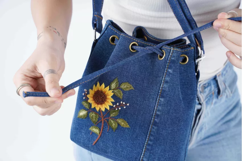 Sunflower Embroidered Bucket Bag From Old Jeans, Personality And Sweetness, Unique Drawstring, Lined With Leather, Exquisite Hand Embroidery