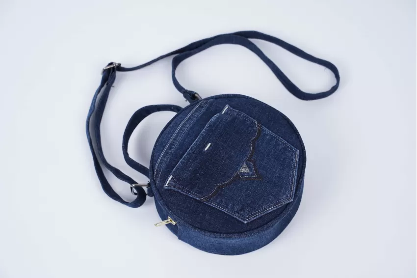 Dark Blue Rounded Box Bag From Old Jeans, Eye-Catching Design, Versatile Spacious Compartment, Holds Many Items, High Craftsmanship