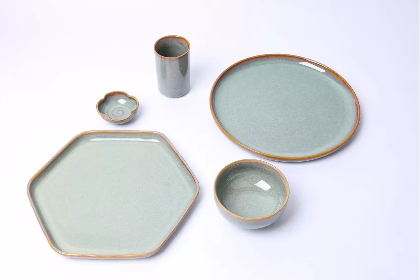 Set of 5 Ceramic Items, Wattle Green Collection (Plates, Bowls and Cups), Vietnamese Elements, Glossy Finish, Vietnamese Handcrafted Ceramic, Elevating Space, Elegant Color