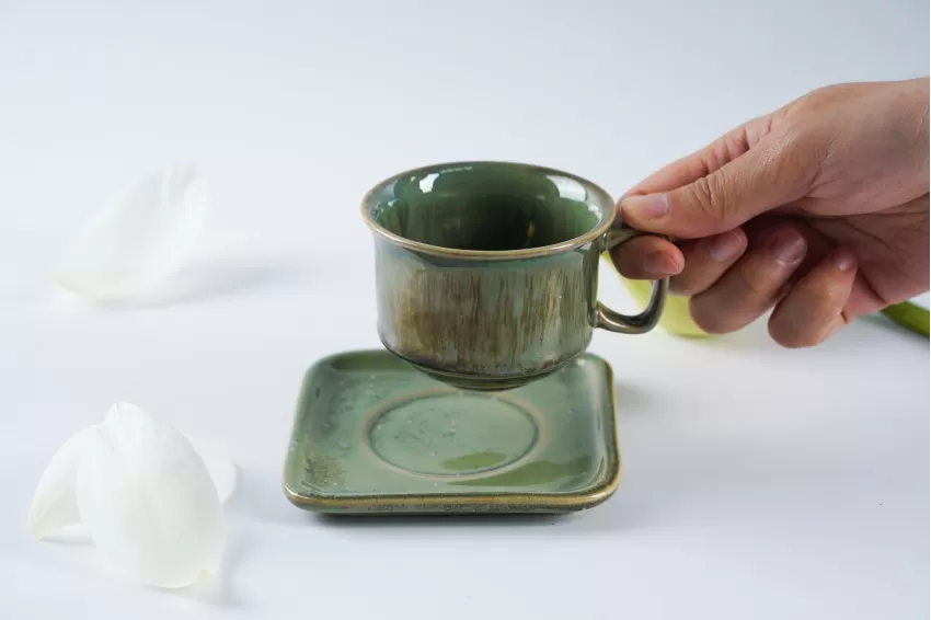 Vietnamese Coffee Cup, Crystal Green Collection, Green Coffee Cup, Fire Glaze Ceramic, Premium Color, Vietnamese Handcrafted, Coffee Gift