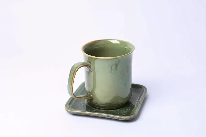 Cappuccino Coffee Cup, Crystal Green Collection, Fire Glaze Ceramics, Skillful Techniques, High Quality, Decoration, Vietnamese Ceramics