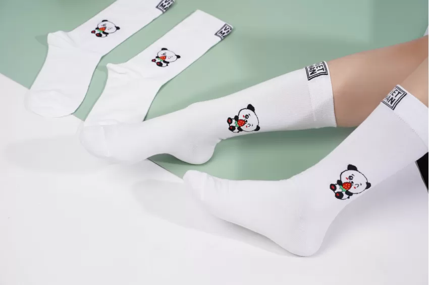 Pandaberry, Crew Cut Socks, High-Cuffed White Socks, Thick And Comfortable Socks, Foot-Warming Socks, White Socks With Prints