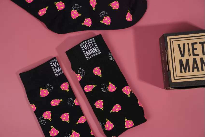 Dragon Fruit, Crew Cut Socks, Fun Patterned Socks, Dragon Fruit Printed Socks, Black Patterned Socks, Whimsical High-Cuffed Socks