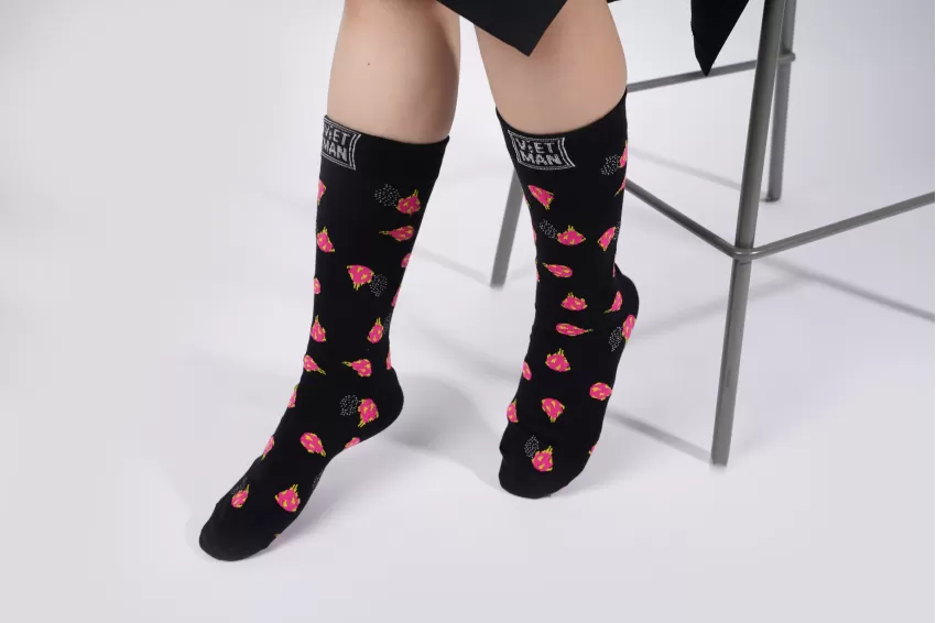 Dragon Fruit, Crew Cut Socks, Fun Patterned Socks, Dragon Fruit Printed Socks, Black Patterned Socks, Whimsical High-Cuffed Socks