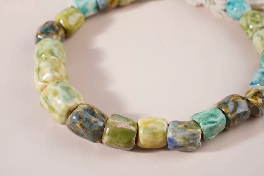 Green Bamboo Joint Necklace, Made Of Glazed Ceramic, Various Shades Of Green Ceramic Beads, Eye-Catching Gradient Colors