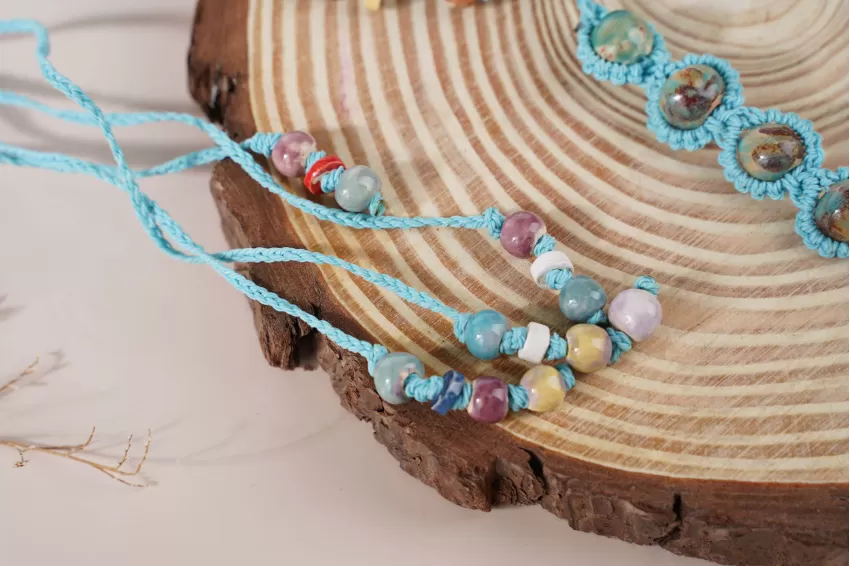 Sky Blue Ceramic Bead Ankle Lace, Unique Anklet Design, Sturdy Braided Cord, Diverse And Vibrant Colors