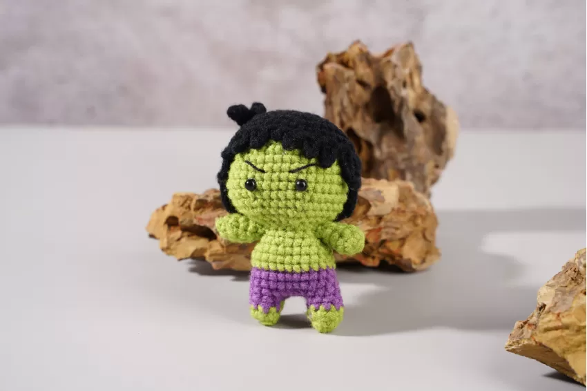 Handmade Crochet Hulk,  Green Giant Stuffed Animal, Superhero Plush Toy, Hulk Woolen Keychain, Mini Woolen Keychain Toy, Woolen Hulk Plush