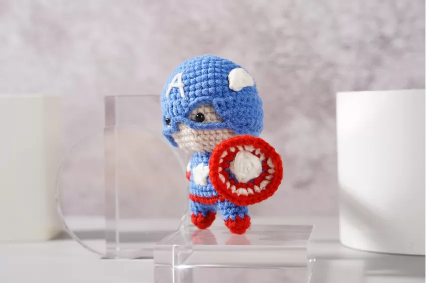 Handmade Crochet Captain America, Captain America Woolen Keychain, Mini Woolen Stuffed Animal, Captain America Woolen Toy