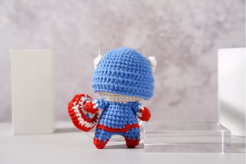 Handmade Crochet Captain America, Captain America Woolen Keychain, Mini Woolen Stuffed Animal, Captain America Woolen Toy