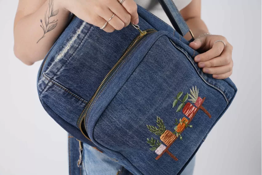 Flower Pot Embroidery Denim Backpack From Old Jeans