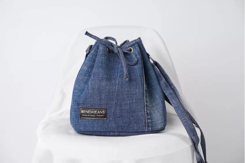 Dark Blue Drawstring Denim Bucket Bag From Old Jeans, Youthful Design, Dynamic And Stylish, Compact Yet Spacious