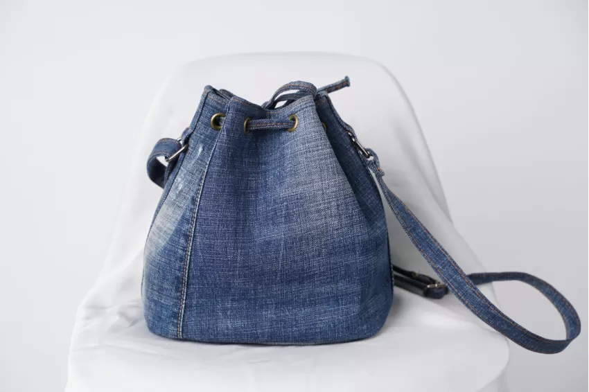 Dark Blue Drawstring Denim Bucket Bag From Old Jeans, Youthful Design, Dynamic And Stylish, Compact Yet Spacious