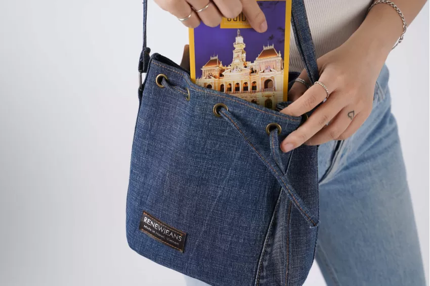 Dark Blue Drawstring Denim Bucket Bag From Old Jeans, Youthful Design, Dynamic And Stylish, Compact Yet Spacious