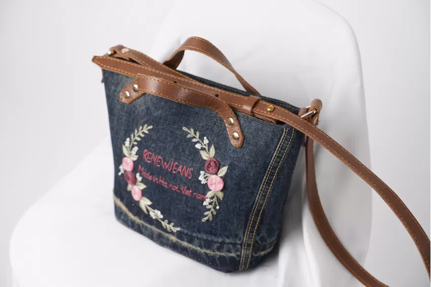 Floral Embroidery Leather Strap Denim Bag From Old Jeans