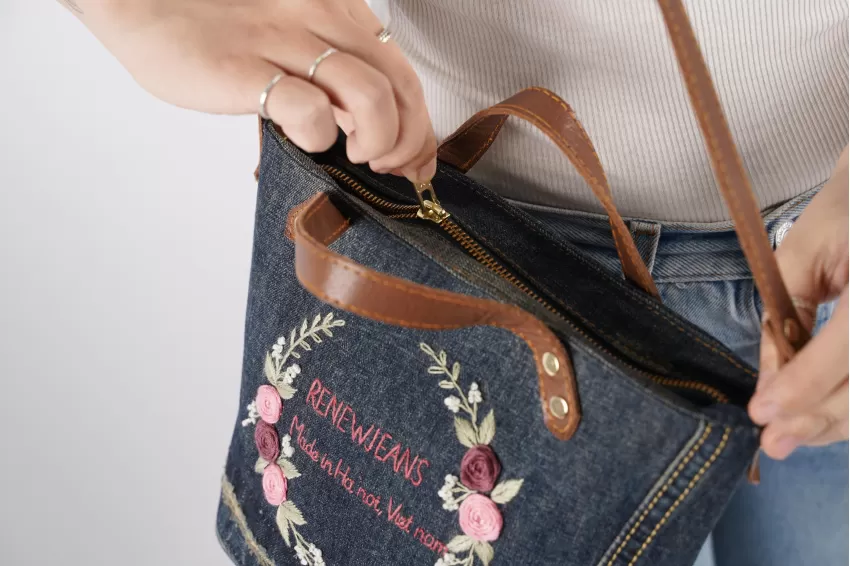 Floral Embroidery Leather Strap Denim Bag From Old Jeans