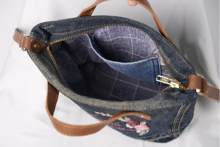 Floral Embroidery Leather Strap Denim Bag From Old Jeans