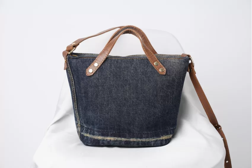 Floral Embroidery Leather Strap Denim Bag From Old Jeans