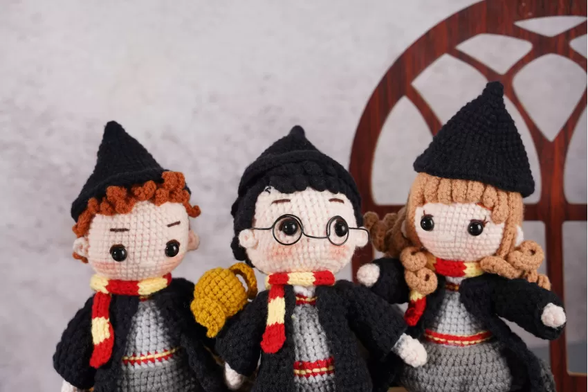 Set of 3 Crochet Dolls, Harry Potter, Ron Weasley & Scabbers, and Hermione Granger