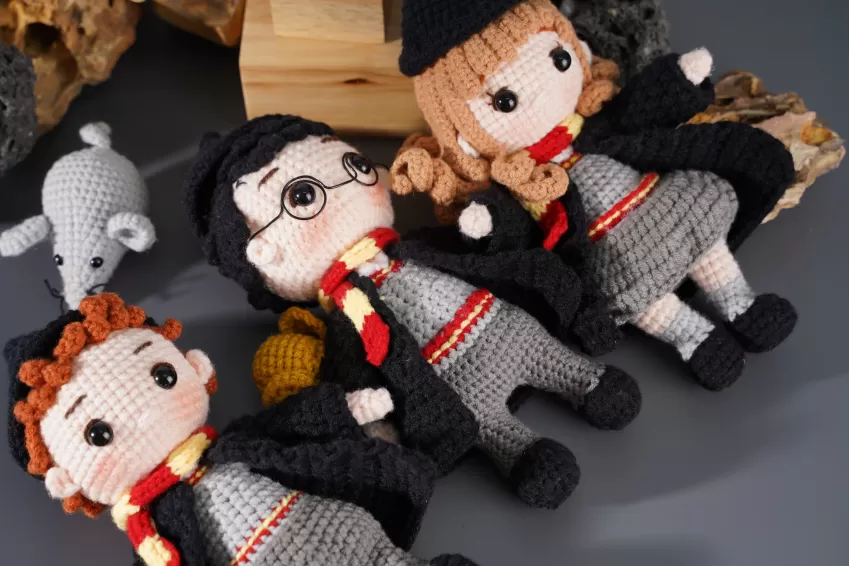 Set of 3 Crochet Dolls, Harry Potter, Ron Weasley & Scabbers, and Hermione Granger