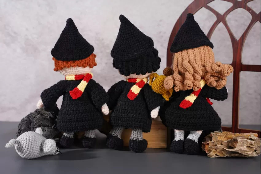 Set of 3 Crochet Dolls, Harry Potter, Ron Weasley & Scabbers, and Hermione Granger