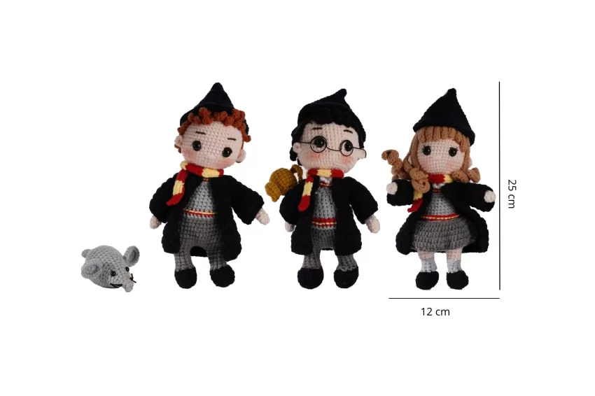 Set of 3 Crochet Dolls, Harry Potter, Ron Weasley & Scabbers, and Hermione Granger