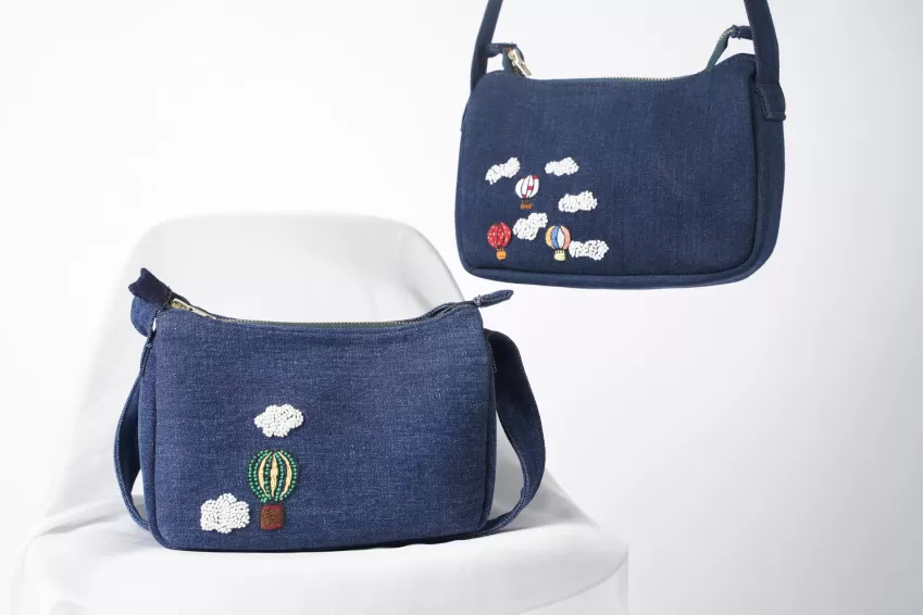 Hot-Air Balloons Embroidery Denim Baguette Shoulder Bag From Old Jeans, Exquisite Handmade Accessory, Cute Gift For Friends