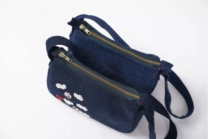 Hot-Air Balloons Embroidery Denim Baguette Shoulder Bag From Old Jeans, Exquisite Handmade Accessory, Cute Gift For Friends